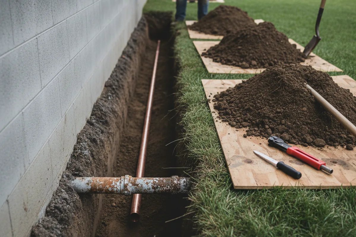 Excavated water line trench during Water Softener Installation in Climax